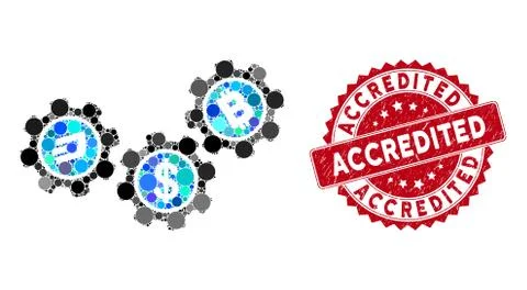 Collage Cryptocurrency Process Gears with Scratched Accredited Seal Stock Illustration