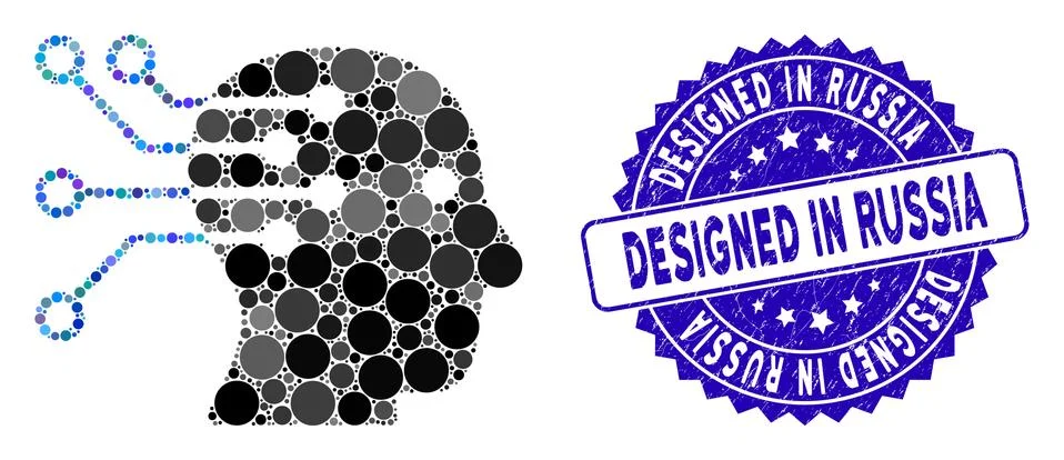 Collage Cyborg Brain Interface Circuit Icon with Grunge Designed in Russia Seal Stock Illustration