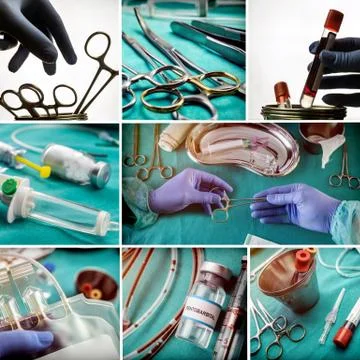 Collage of daily work in an operating room in a hospital, conceptual image Fotos de archivo