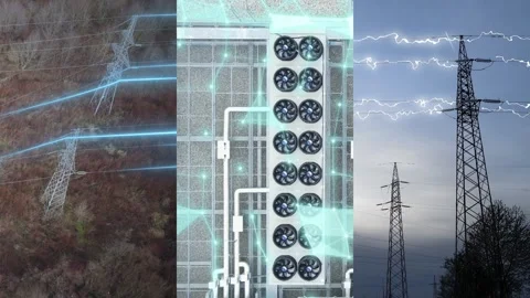 Collage of Data Center Infrastructure and Power Grid Showing Rising Energy Stock Footage 345865564
