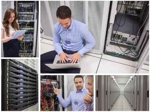 Collage of data center workers Stock Photos