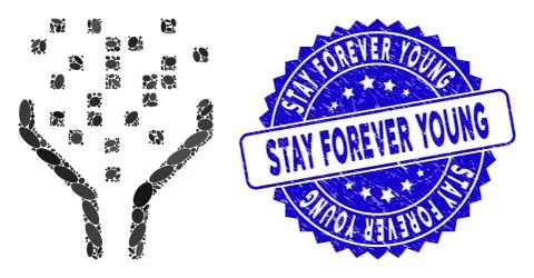 Collage Data Processing Funnel Icon with Textured Stay Forever Young Stamp Stock Illustration