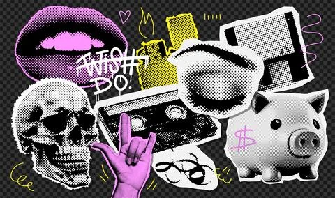 Collage design elements set in trendy dotted style. Retro halftone effect skull Stock Illustration