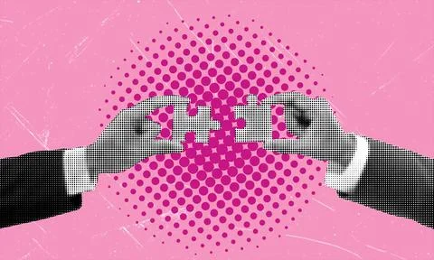 Collage design elements in trendy dot pop art style. The team putting the puz Stock Photos