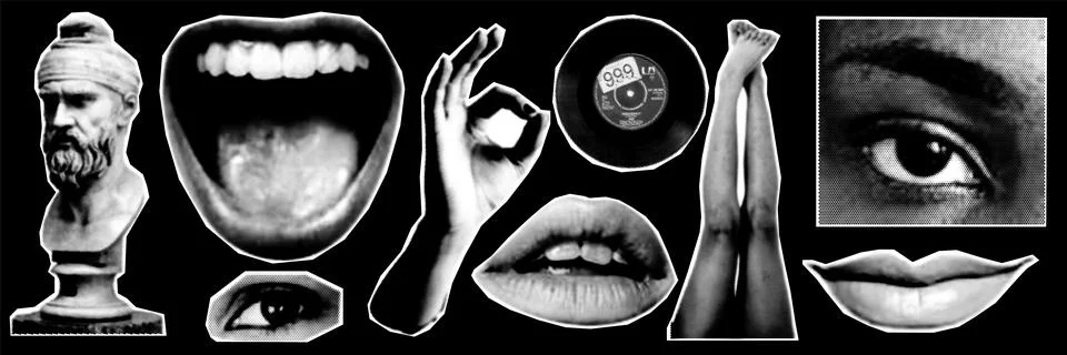 Collage design elements in trendy dotted pop art style. Retro halftone effect Stock Illustration