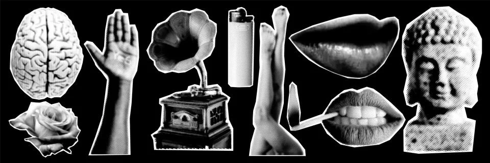 Collage design elements in trendy dotted pop art style. Retro halftone effe.. Stock Illustration