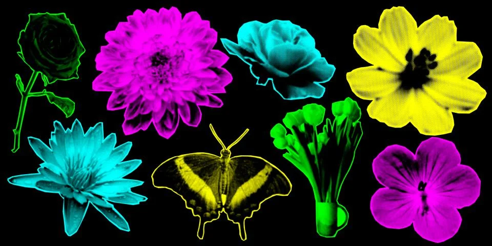 Collage design elements in trendy dotted pop art style. Retro halftone effe.. Stock Illustration