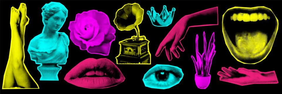 Collage design elements in trendy dotted pop art style. Retro halftone effe.. Stock Illustration