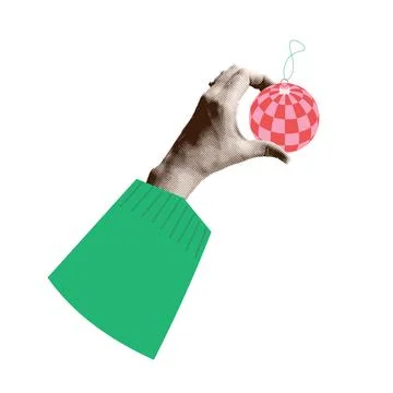 Collage design with Hand in a cozy knitted sleeve holding Christmas decoration Stock Illustration