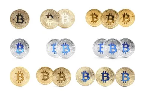 Collage with different bitcoins on white background Fotos de archivo