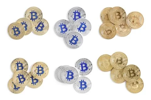 Collage with different bitcoins on white background, top view Fotos de archivo