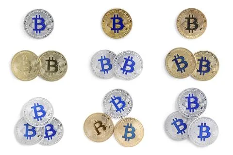 Collage with different bitcoins on white background, top view Fotos de archivo