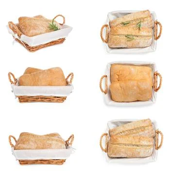Collage with different bread in baskets on white background Foto stock