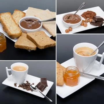 Collage of different breakfast compositions 스톡 사진