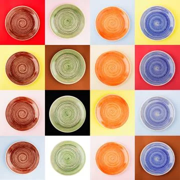 Collage from different colored round ceramic plates with spiral pattern Stock-Fotos