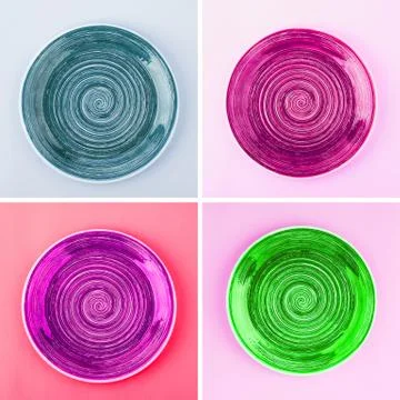 Collage from different colored round ceramic plates with spiral pattern Stock Photos