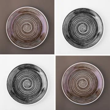 Collage from different colored round ceramic plates with spiral pattern Stock Photos