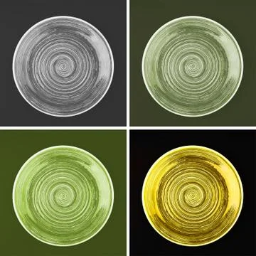 Collage from different colored round ceramic plates with spiral pattern 库存照片
