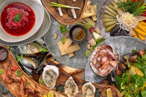 Collage of different dishes, isolates, cheese, shrimps, mussels, vegetables, Stock Photos
