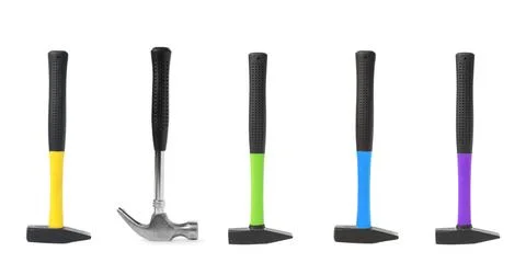 Collage with different hammers on white background Fotos de archivo