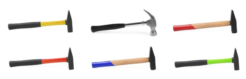 Collage with different hammers on white background Fotos de archivo