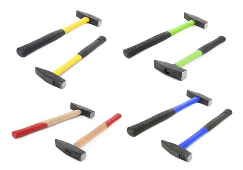 Collage with different hammers on white background Fotos de archivo