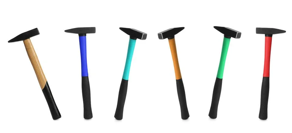 Collage with different hammers on white background Fotos de archivo
