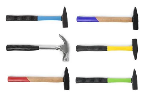 Collage with different hammers on white background, top view Fotos de archivo