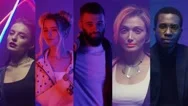 Collage Of Different Mixed-Race Persons In Neon Lights. Pretty Caucasian Happy Stock Footage