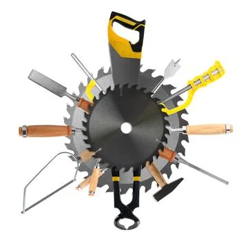 Collage with different modern carpenter's tools on white background Fotos de archivo