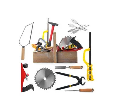 Collage with different modern carpenter's tools on white background Fotos de archivo