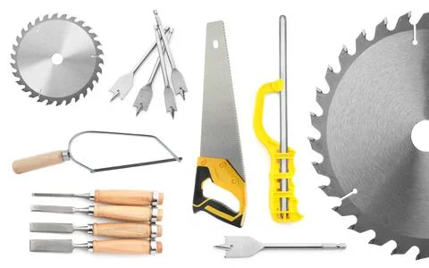 Collage with different modern carpenter's tools on white background Fotos de archivo