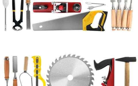 Collage with different modern carpenter's tools on white background, top view Fotos de archivo