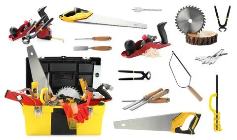 Collage with different modern carpenter's tools on white background Fotos de archivo