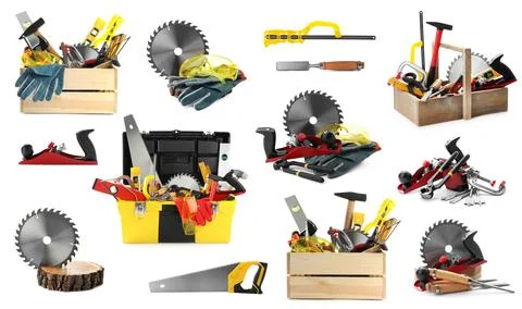 Collage with different modern carpenter's tools on white background Fotos de archivo