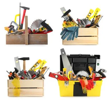 Collage with different modern carpenter's tools on white background Fotos de archivo