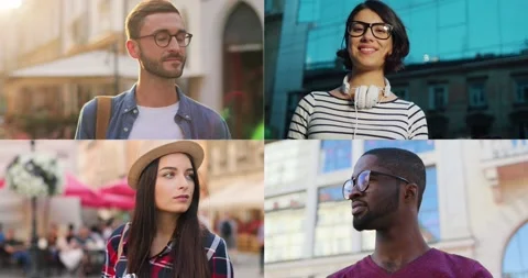 Collage of different multiethnic males and females in city. Beautiful happy Stock Footage 130353083