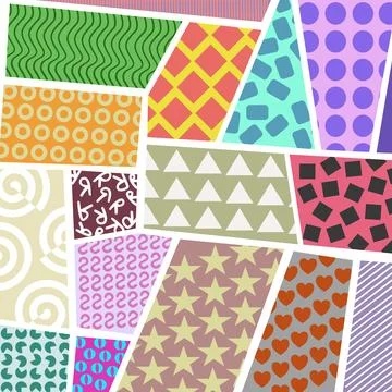 A collage of different patterns and colors. Comic panel style with background co Stock Illustration