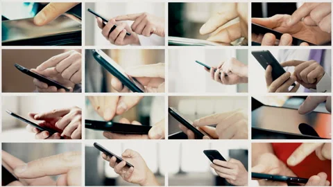 Collage of different people hands texting SMS on smartphones Stock Footage 85549388