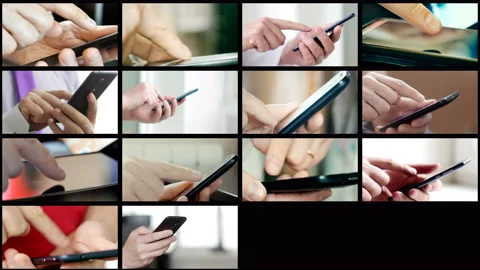 Collage of different people hands texting SMS on smartphones Stock Footage 85596082