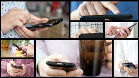 Collage of different people hands texting or typing on theirs smartphones. Stock Footage 116164631