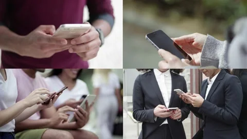 Collage of different people using mobile phone and working Video stock 132940107