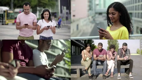 Collage of different people using mobile phone Stock Footage 132943442