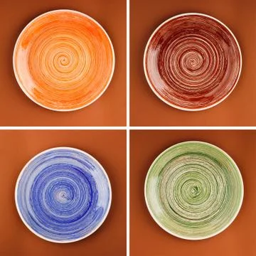 Collage from different plates on the brown background Stock-Fotos