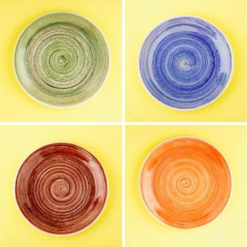 Collage from different plates on the yellow background Stockfoto's