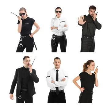 Collage of different professional security guards on white background Stock Photos