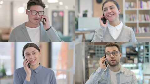 Collage of Different Races People Talking on Smartphone, Phone Call Stock Footage 162955691