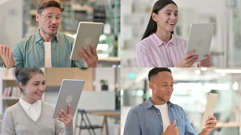 Collage of Different Races People Talking on Video Call on Tablet Stock Footage 162956397