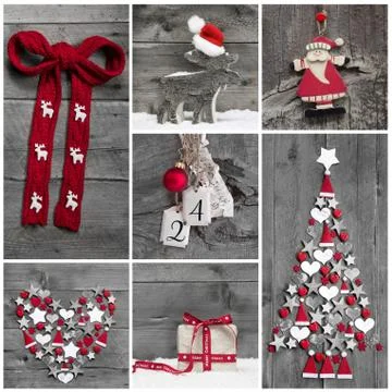 Collage of different red, white and grey christmas decoration on wood. Foto stock