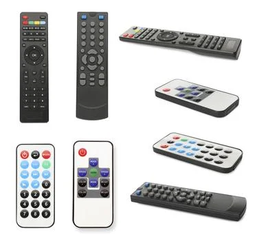 Collage of different remote controllers on white background, top and side vie Stock Photos
